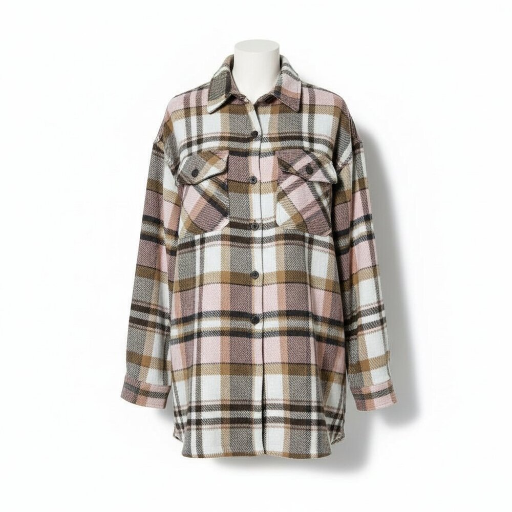 Plaid Shacket Oversized Button Up Shirt Jacket Pink Taupe Neutral